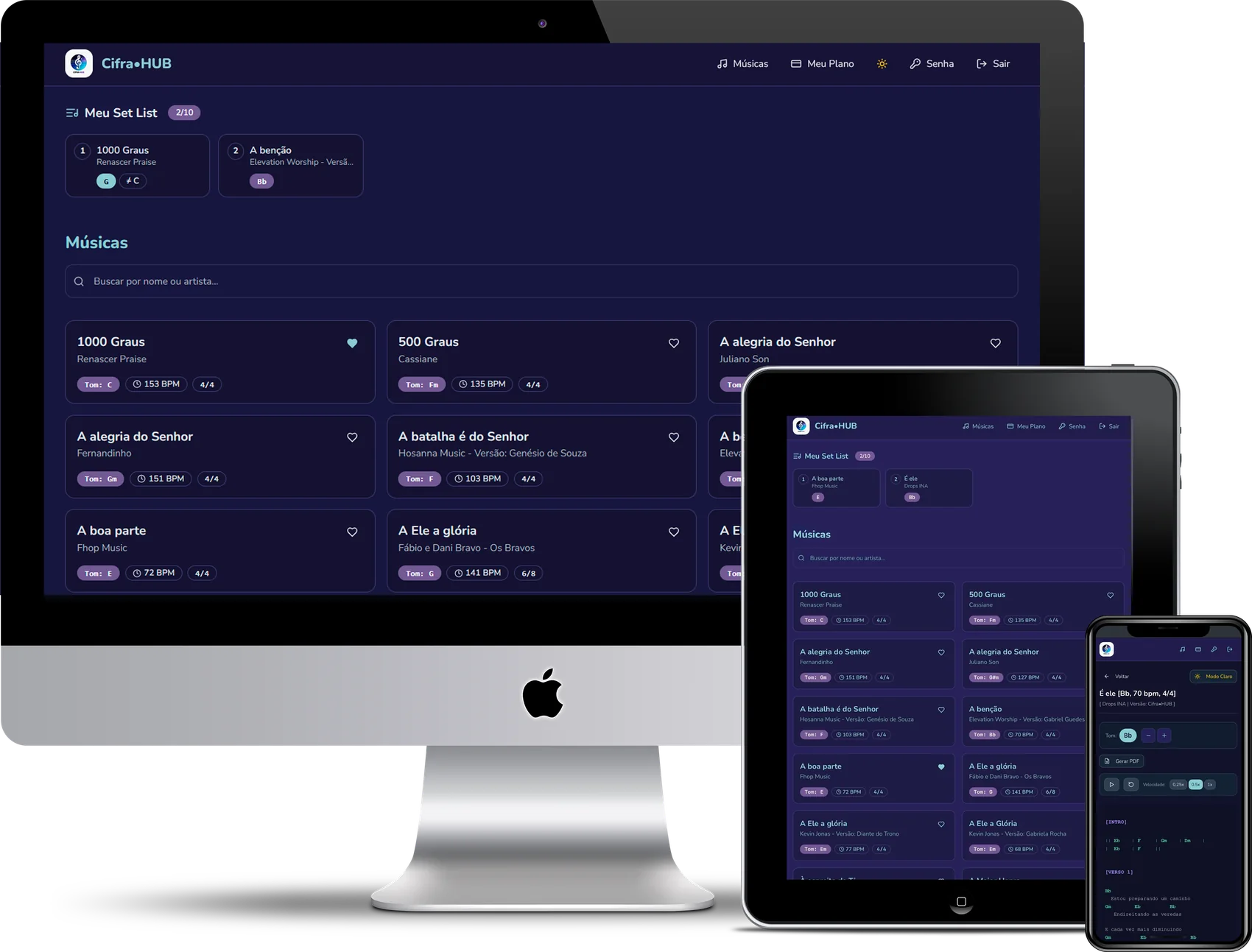 CifraHUB aberto no computador, no tablet e no celular, com set list e lista de músicas